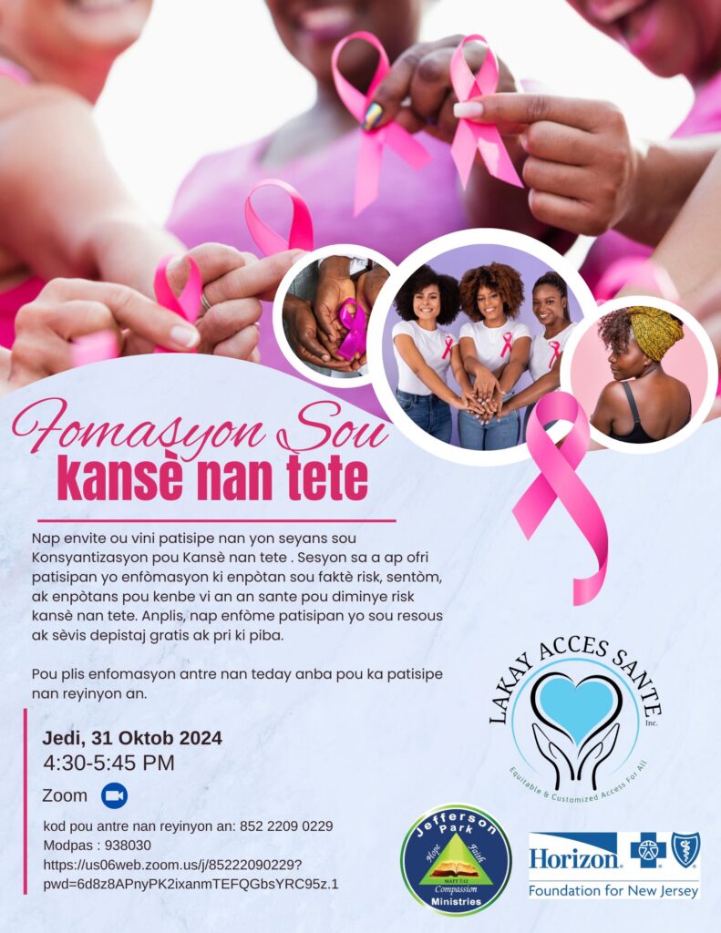 Breast Cancer Awareness : Virtual Workshop for Haitian Immigrant Women - Fòmasyon sou kansè nan Tete : Atelye Vityèl pou Fanm Imigran Ayisyen
